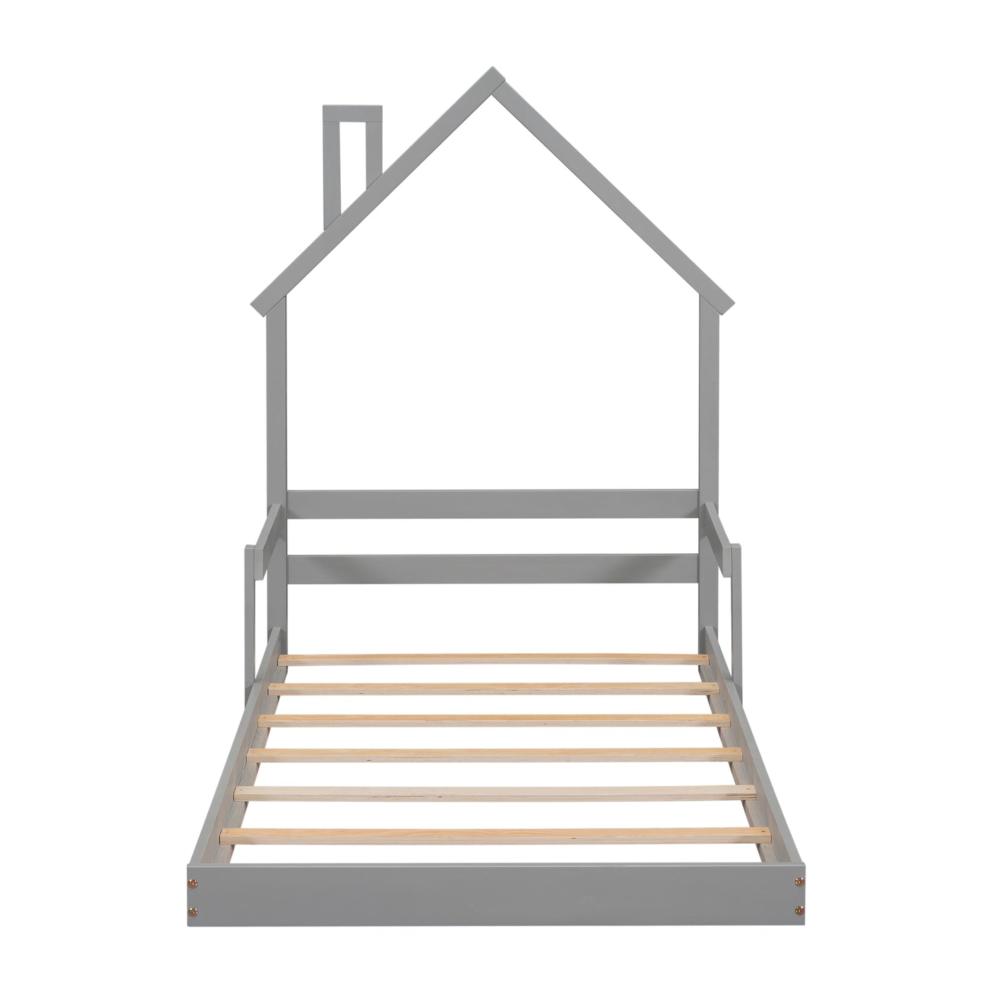 Twin House-Shaped Headboard Floor Bed with Handrails, Slats, Grey