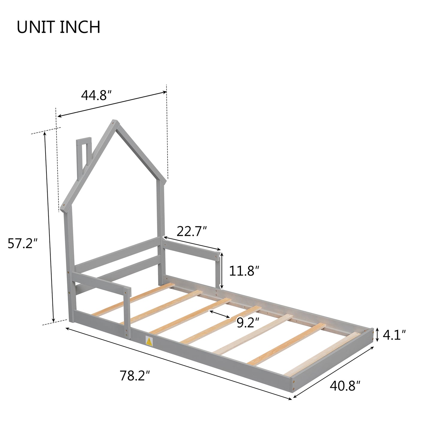 Twin House-Shaped Headboard Floor Bed with Handrails, Slats, Grey