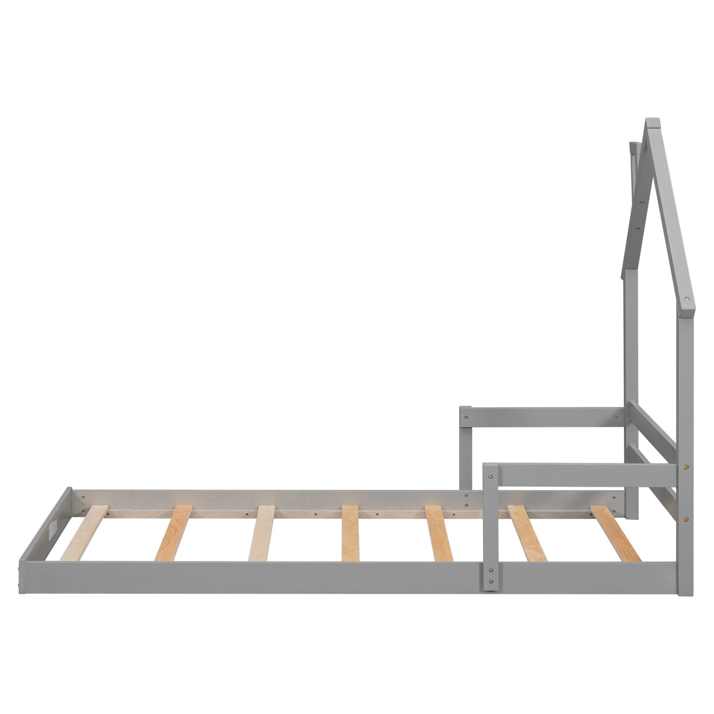 Twin House-Shaped Headboard Floor Bed with Handrails, Slats, Grey