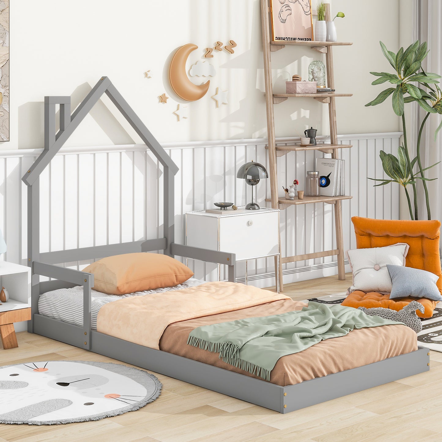 Twin House-Shaped Headboard Floor Bed with Handrails, Slats, Grey