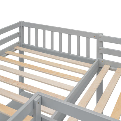 Wood Twin Size L-Shaped Loft Bed with Ladder and 2 Built-in L-Shaped Desks, Gray(Expected Arrival Time: 12.28)