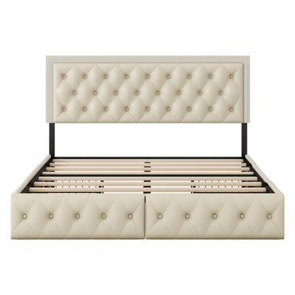 Queen Upholstered Bed Frame with 4 Storage Drawers, PU Leather Platform Bed with LED Headboard, No Box Spring Needed, Beige