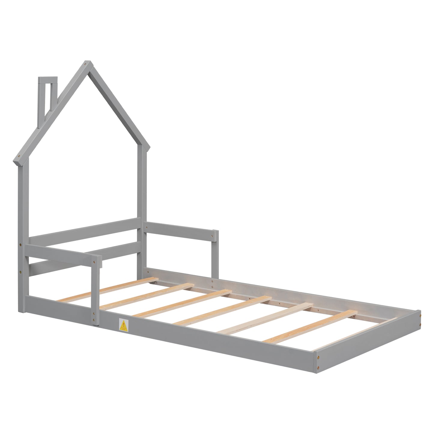 Twin House-Shaped Headboard Floor Bed with Handrails, Slats, Grey