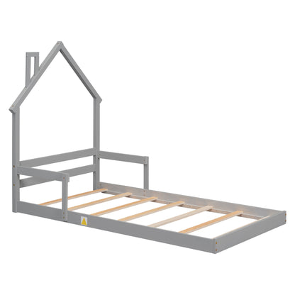 Twin House-Shaped Headboard Floor Bed with Handrails, Slats, Grey
