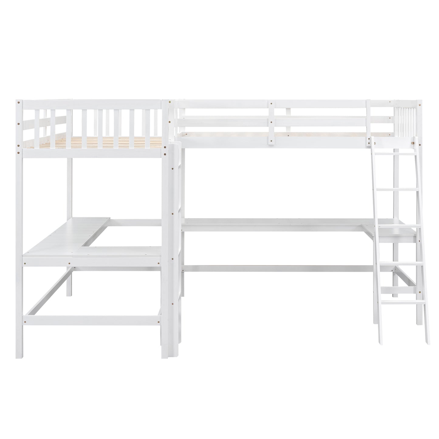 Wood Twin Size L-Shaped Loft Bed with Ladder and 2 Built-in L-Shaped Desks, White(Expected Arrival Time: 12.28)