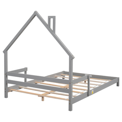 Full House-Shaped Headboard Bed with Handrails, Slats, Grey