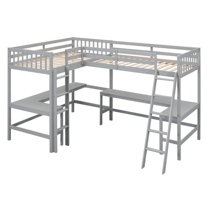 Wood Twin Size L-Shaped Loft Bed with Ladder and 2 Built-in L-Shaped Desks, Gray(Expected Arrival Time: 12.28)