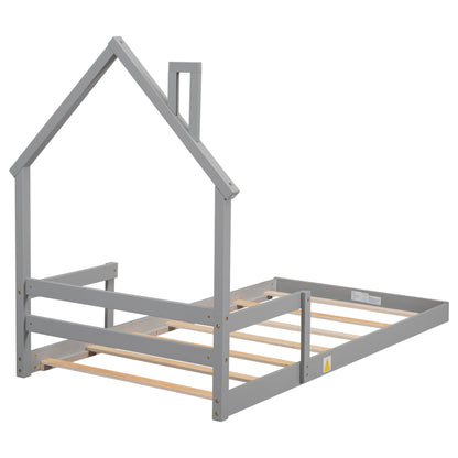 Twin House-Shaped Headboard Floor Bed with Handrails, Slats, Grey