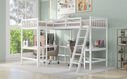 Wood Twin Size L-Shaped Loft Bed with Ladder and 2 Built-in L-Shaped Desks, White(Expected Arrival Time: 12.28)