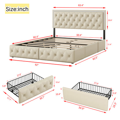 Queen Upholstered Bed Frame with 4 Storage Drawers, PU Leather Platform Bed with LED Headboard, No Box Spring Needed, Beige