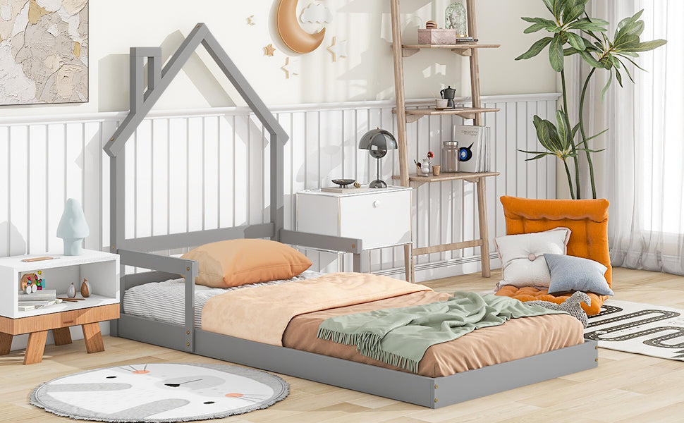 Twin House-Shaped Headboard Floor Bed with Handrails, Slats, Grey