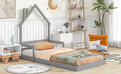 Twin House-Shaped Headboard Floor Bed with Handrails, Slats, Grey