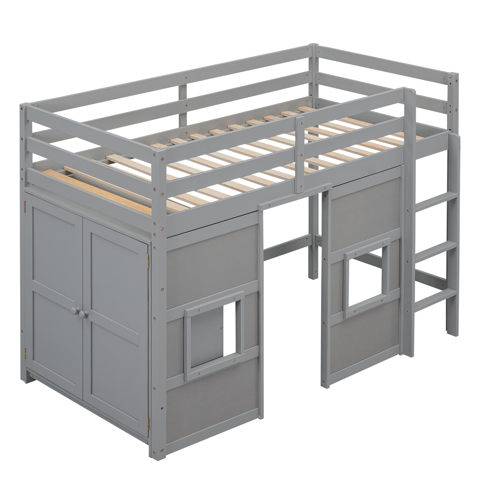 Wood Twin Size Loft Bed with Built-in Storage Wardrobe and 2 Windows, Gray(Expected Arrival Time: 12.28)