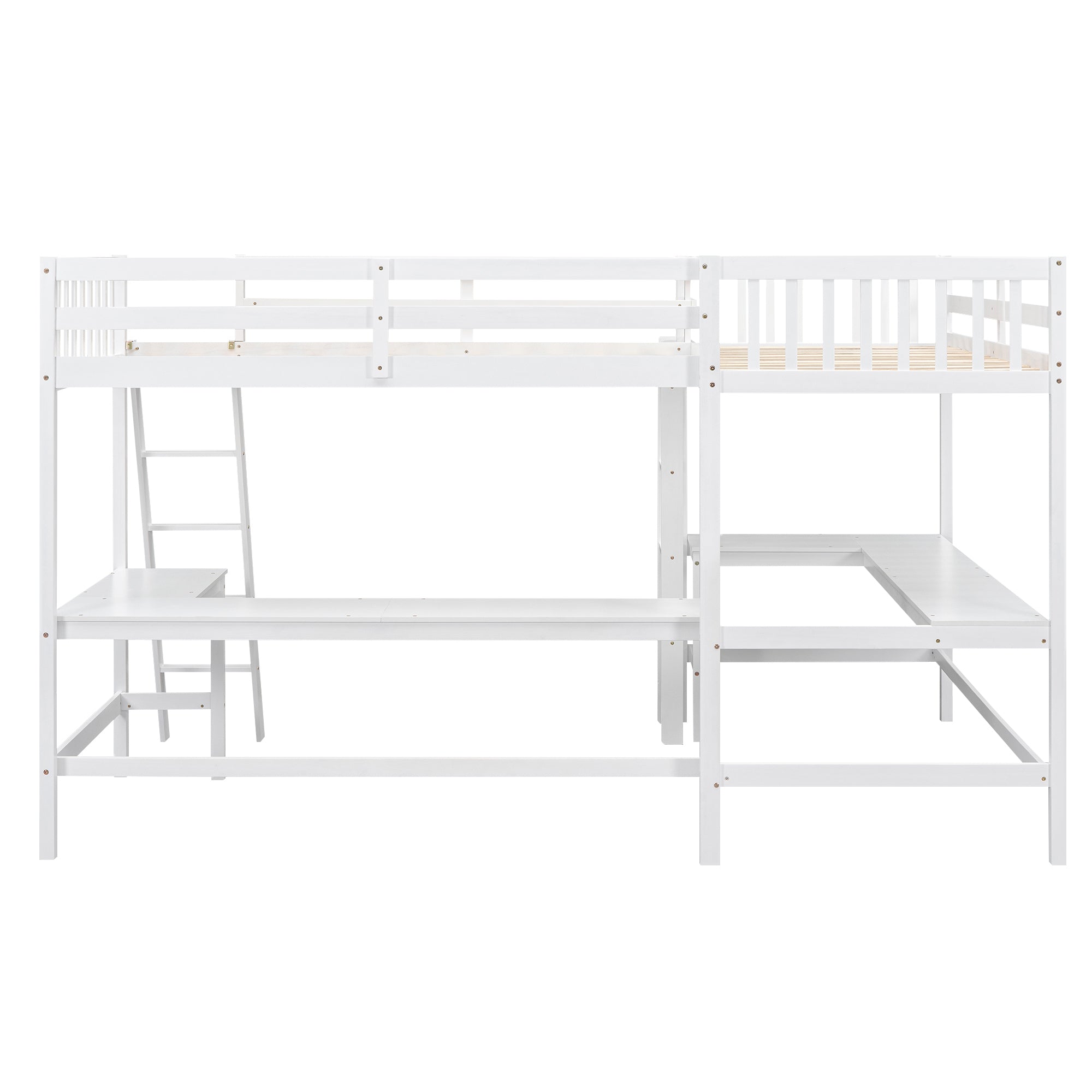 Wood Twin Size L-Shaped Loft Bed with Ladder and 2 Built-in L-Shaped Desks, White(Expected Arrival Time: 12.28)
