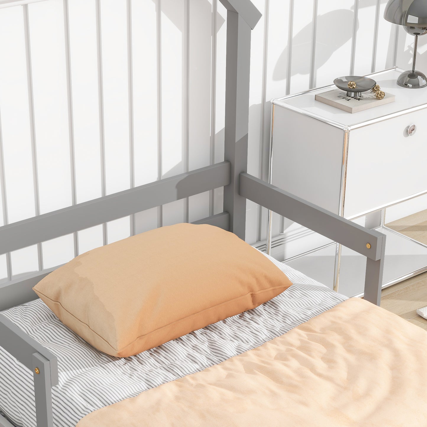 Twin House-Shaped Headboard Floor Bed with Handrails, Slats, Grey