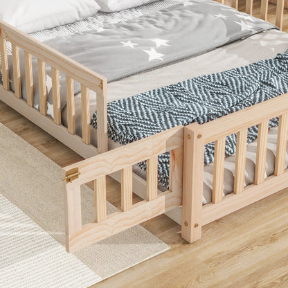 Full House-Shaped Headboard Floor Bed with Fence,Natural