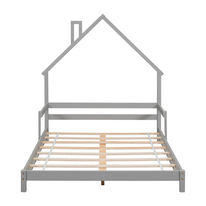 Full House-Shaped Headboard Bed with Handrails, Slats, Grey