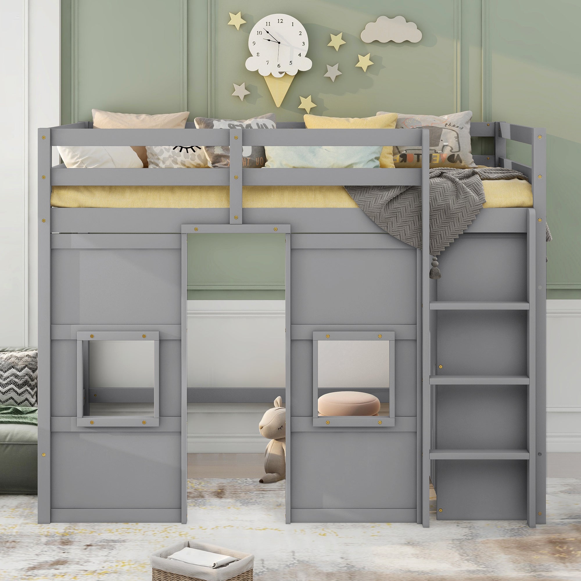 Wood Twin Size Loft Bed with Built-in Storage Wardrobe and 2 Windows, Gray(Expected Arrival Time: 12.28)