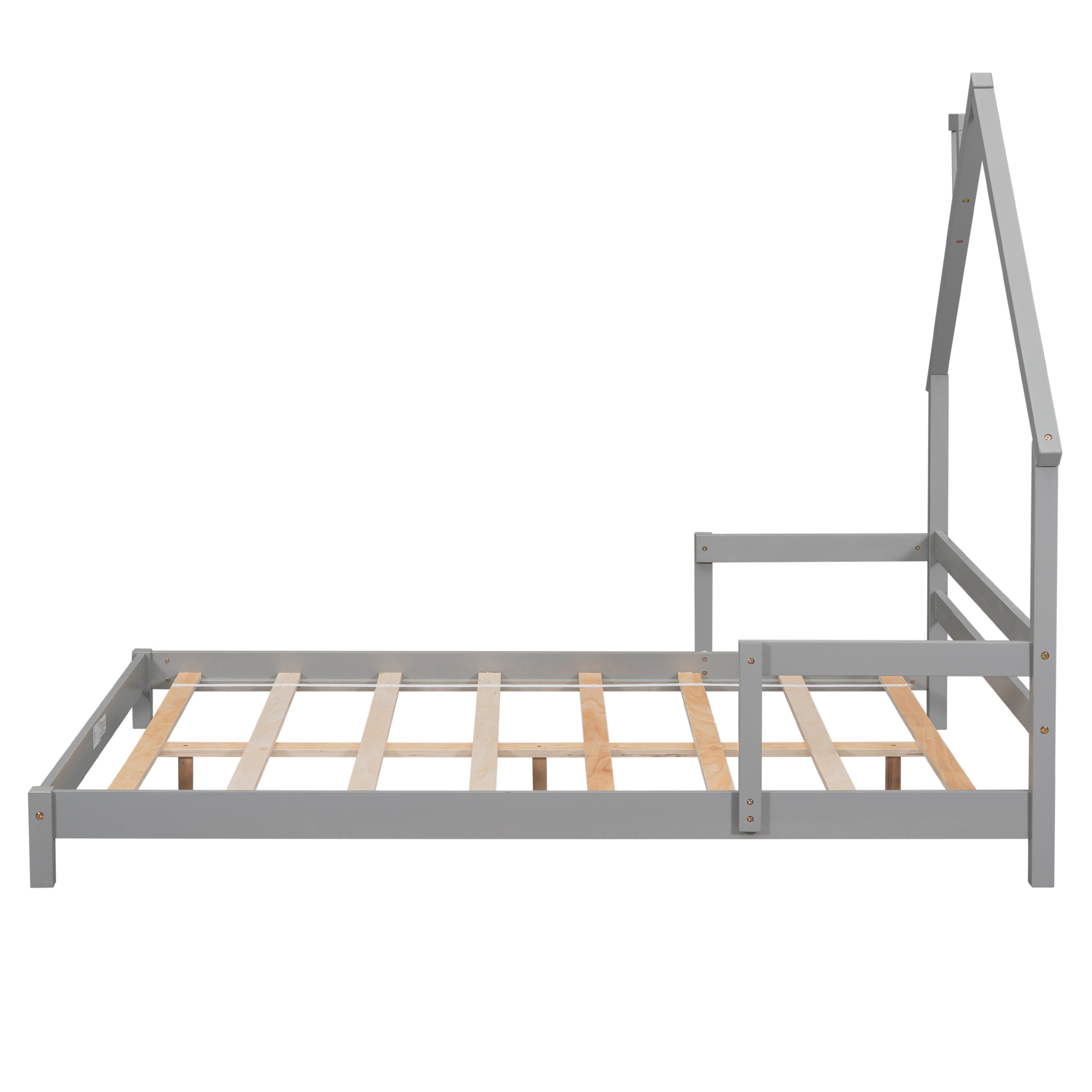 Full House-Shaped Headboard Bed with Handrails ,slats ,Grey