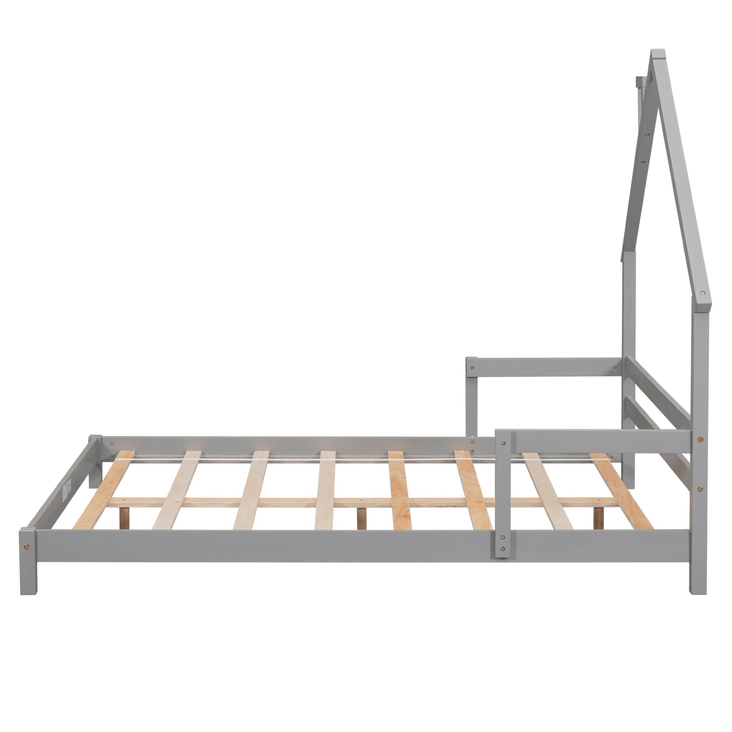 Full House-Shaped Headboard Bed with Handrails, Slats, Grey