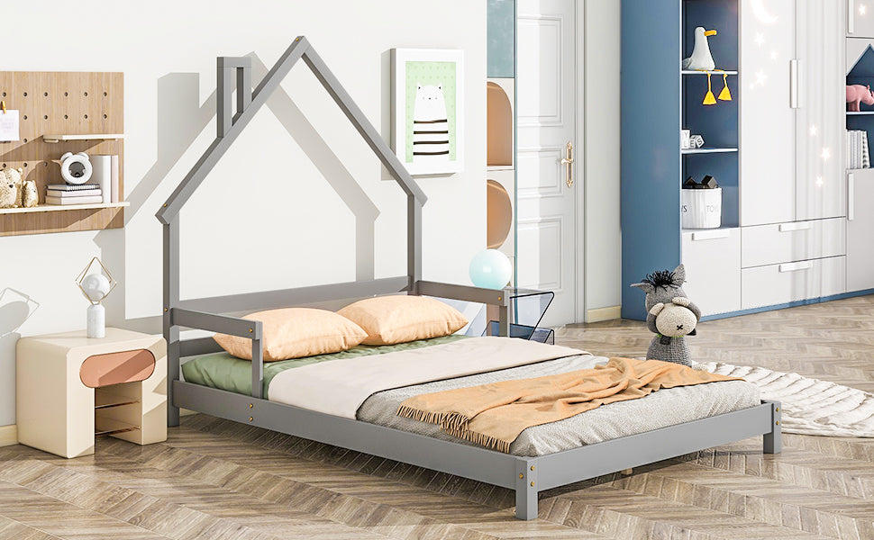 Full House-Shaped Headboard Bed with Handrails, Slats, Grey