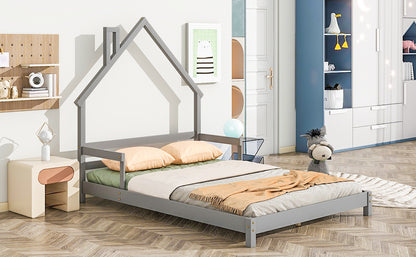 Full House-Shaped Headboard Bed with Handrails, Slats, Grey