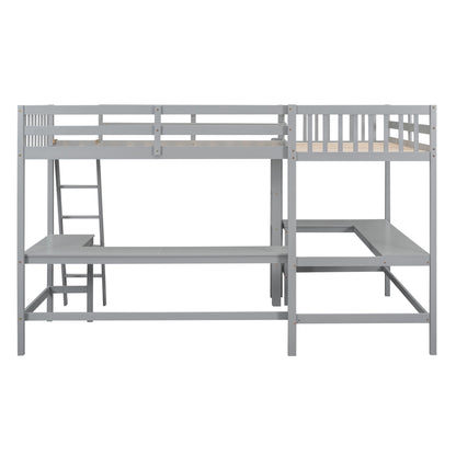 Wood Twin Size L-Shaped Loft Bed with Ladder and 2 Built-in L-Shaped Desks, Gray