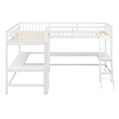 Wood Twin Size L-Shaped Loft Bed with Ladder and 2 Built-in L-Shaped Desks, White(Expected Arrival Time: 12.28)