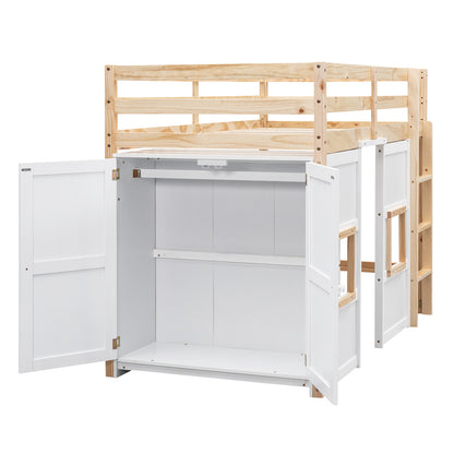 Wood Twin Size Loft Bed with Built-in Storage Wardrobe and 2 Windows, Natural/White(Expected Arrival Time: 12.28)