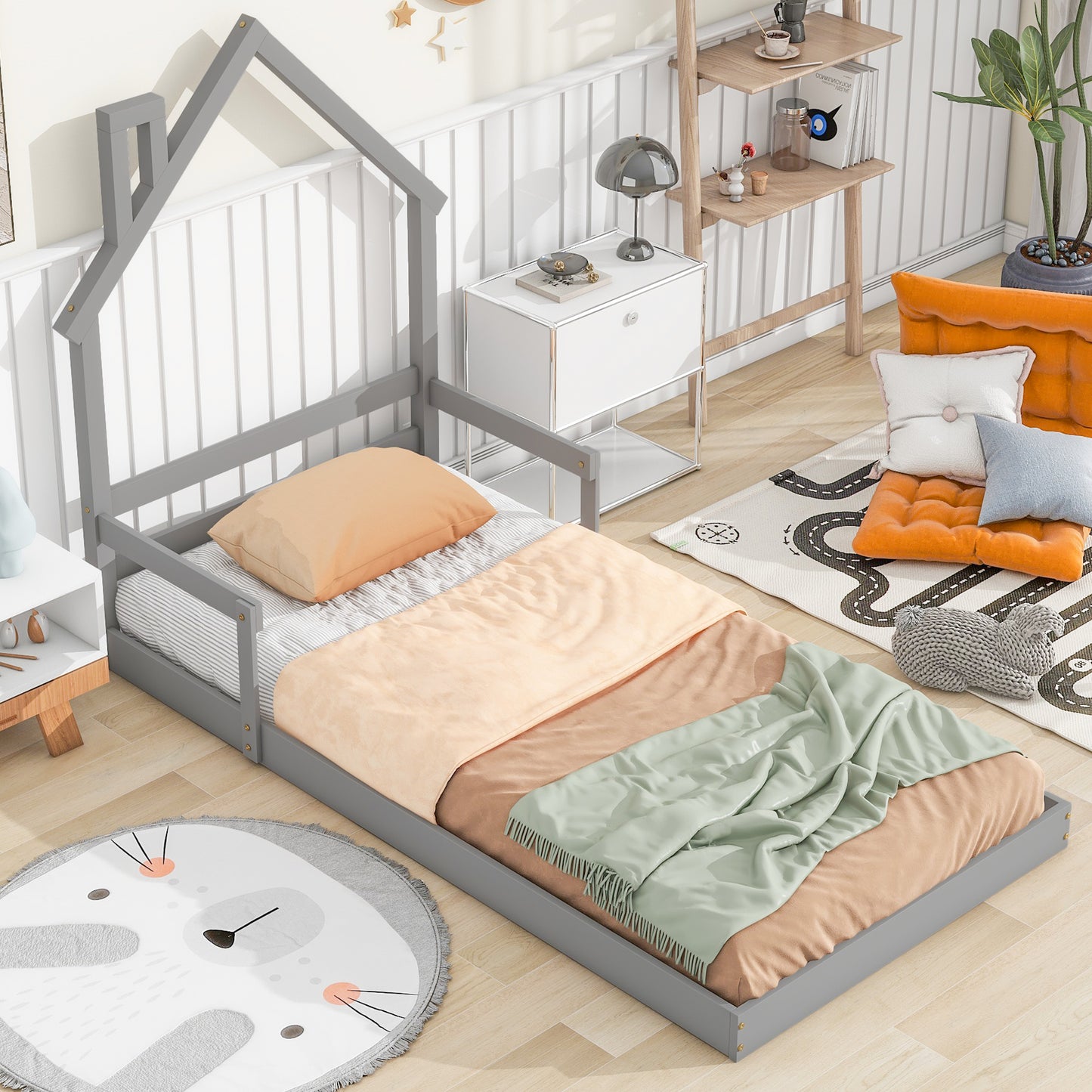 Twin House-Shaped Headboard Floor Bed with Handrails, Slats, Grey