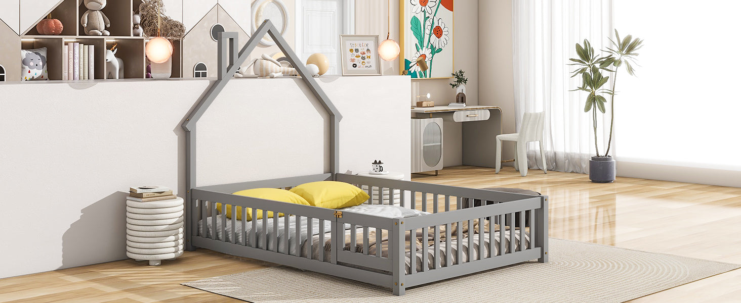 Full House-Shaped Headboard Floor Bed with Fence ,Grey