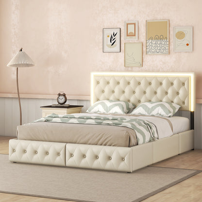 Queen Upholstered Bed Frame with 4 Storage Drawers, PU Leather Platform Bed with LED Headboard, No Box Spring Needed, Beige