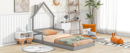 Twin House-Shaped Headboard Floor Bed with Handrails, Slats, Grey