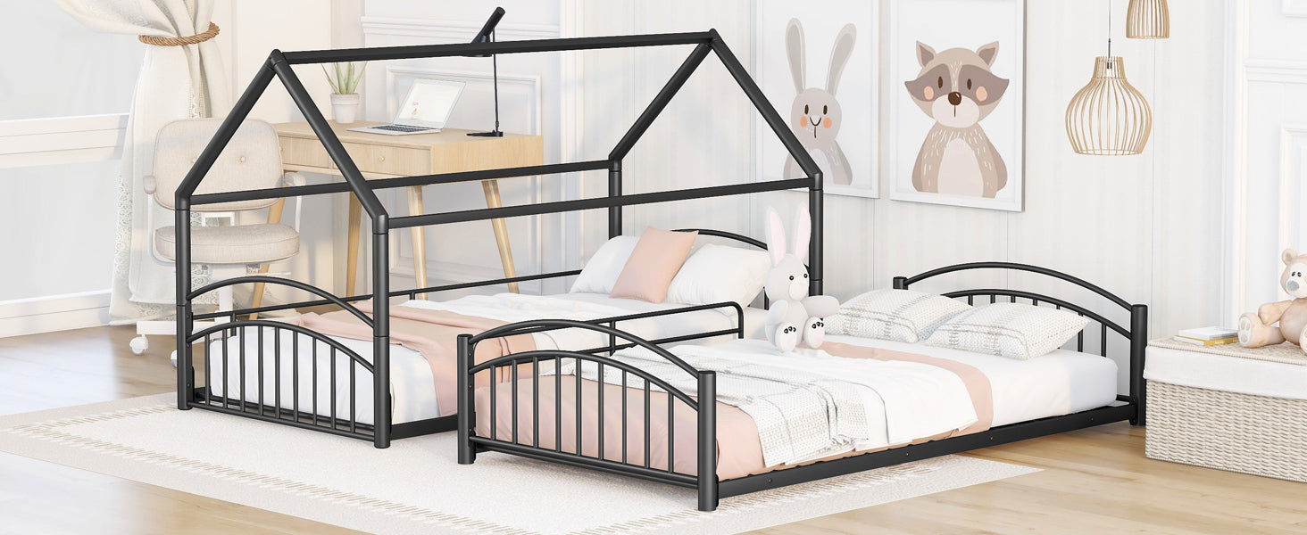 Twin Over Twin Metal Bunk Bed With Slide,Kids House Bed Black+Red