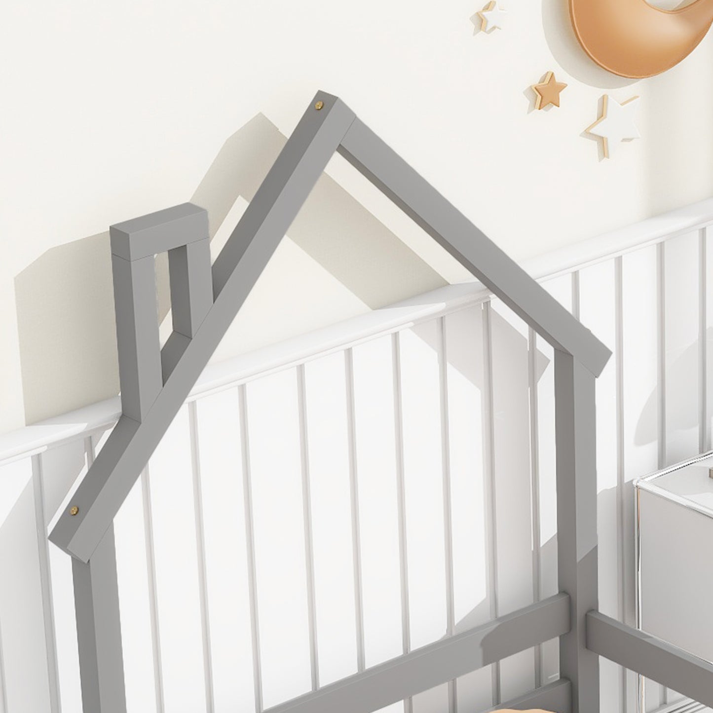 Twin House-Shaped Headboard Floor Bed with Handrails, Slats, Grey