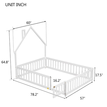 Full House-Shaped Headboard Floor Bed with Fence ,White