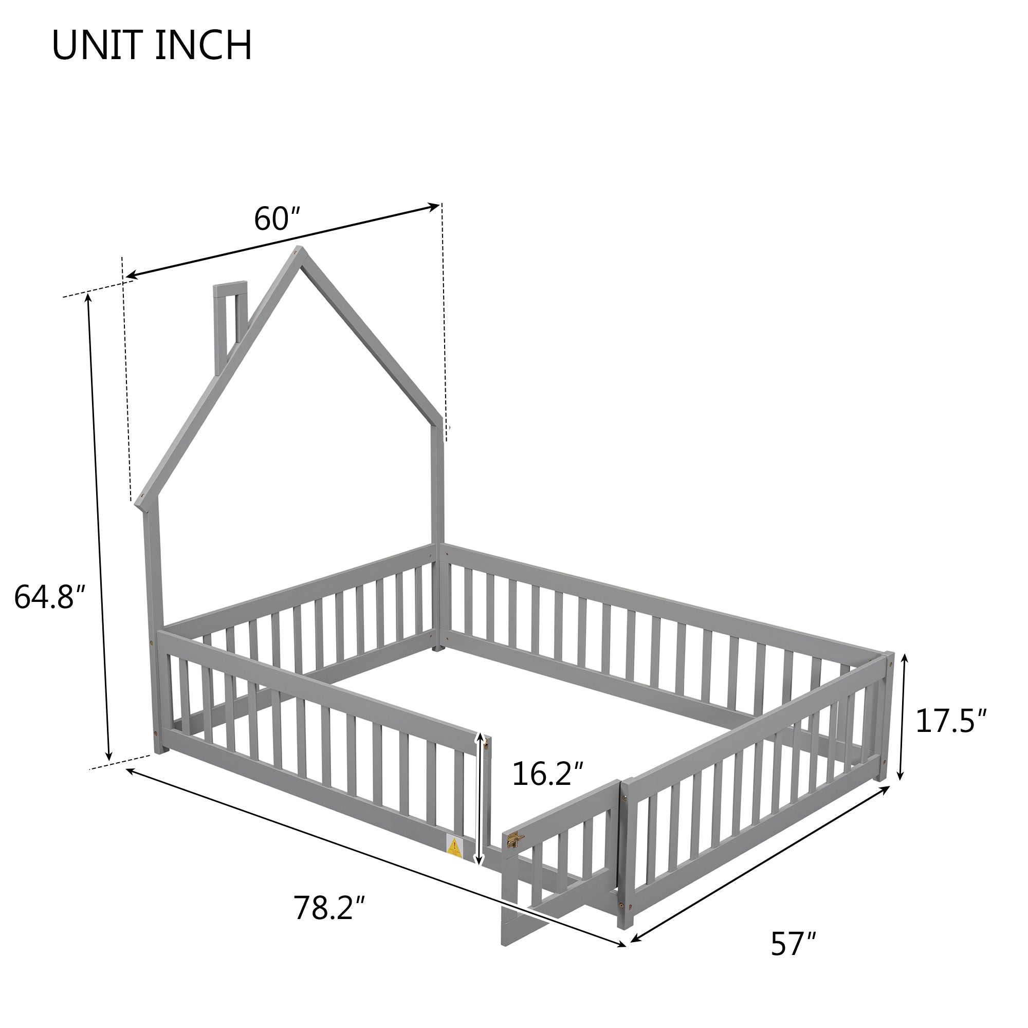 Full House-Shaped Headboard Floor Bed with Fence ,Grey