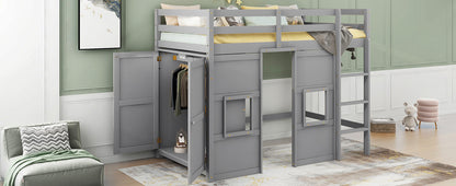 Wood Twin Size Loft Bed with Built-in Storage Wardrobe and 2 Windows, Gray(Expected Arrival Time: 12.28)