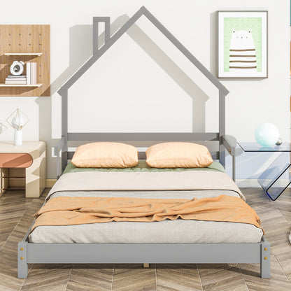 Full House-Shaped Headboard Bed with Handrails, Slats, Grey