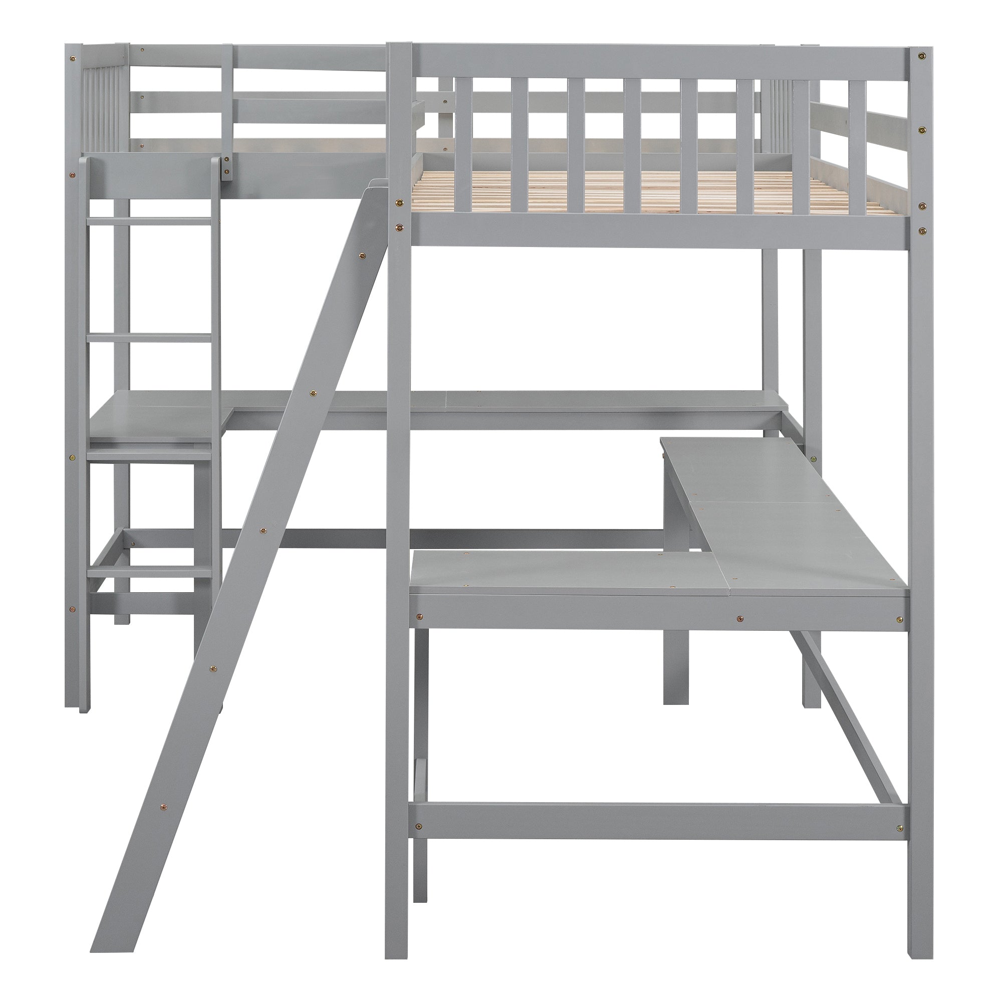 Wood Twin Size L-Shaped Loft Bed with Ladder and 2 Built-in L-Shaped Desks, Gray(Expected Arrival Time: 12.28)