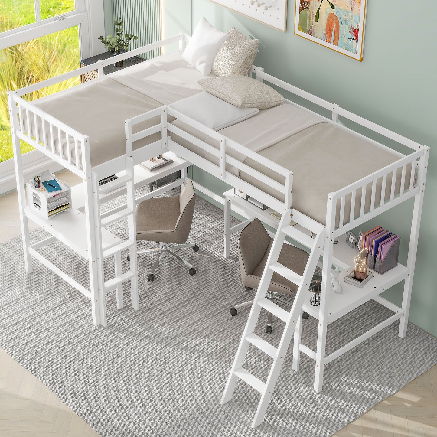 Wood Twin Size L-Shaped Loft Bed with Ladder and 2 Built-in L-Shaped Desks, White(Expected Arrival Time: 12.28)