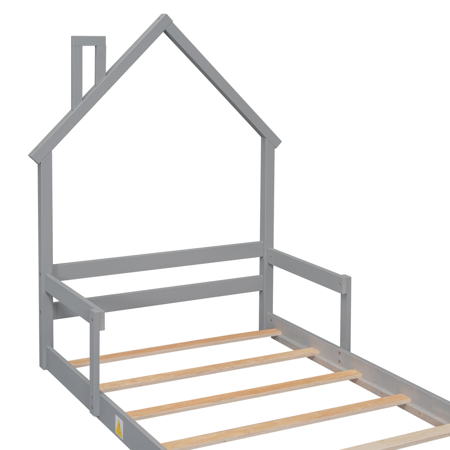 Twin House-Shaped Headboard Floor Bed with Handrails, Slats, Grey