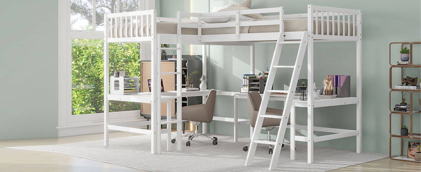 Wood Twin Size L-Shaped Loft Bed with Ladder and 2 Built-in L-Shaped Desks, White(Expected Arrival Time: 12.28)