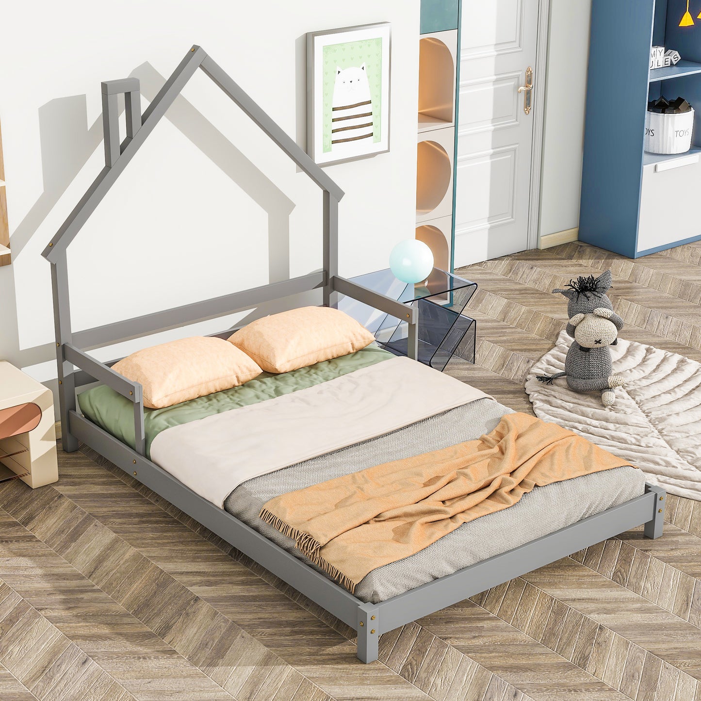 Full House-Shaped Headboard Bed with Handrails, Slats, Grey