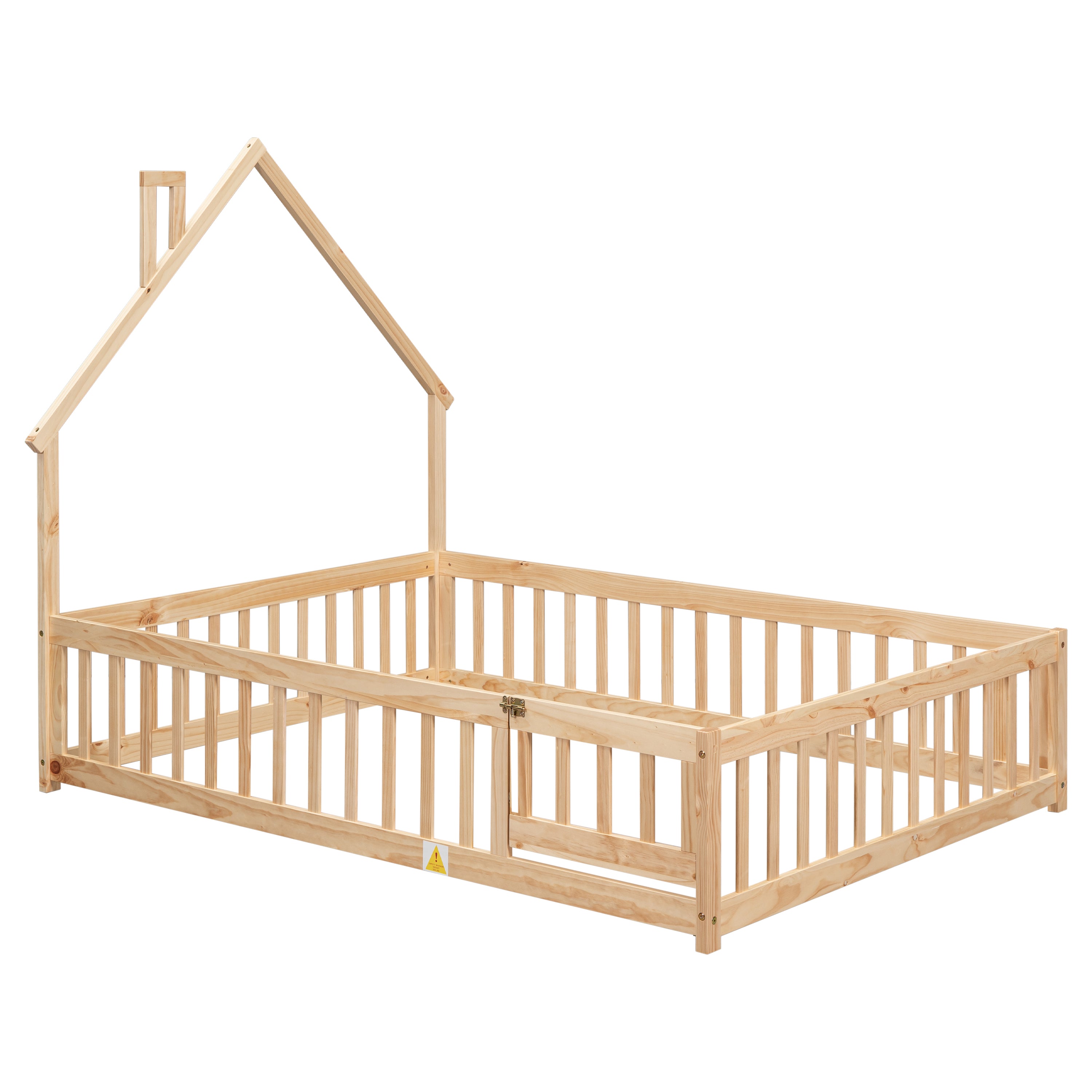 Full House-Shaped Headboard Floor Bed with Fence,Natural