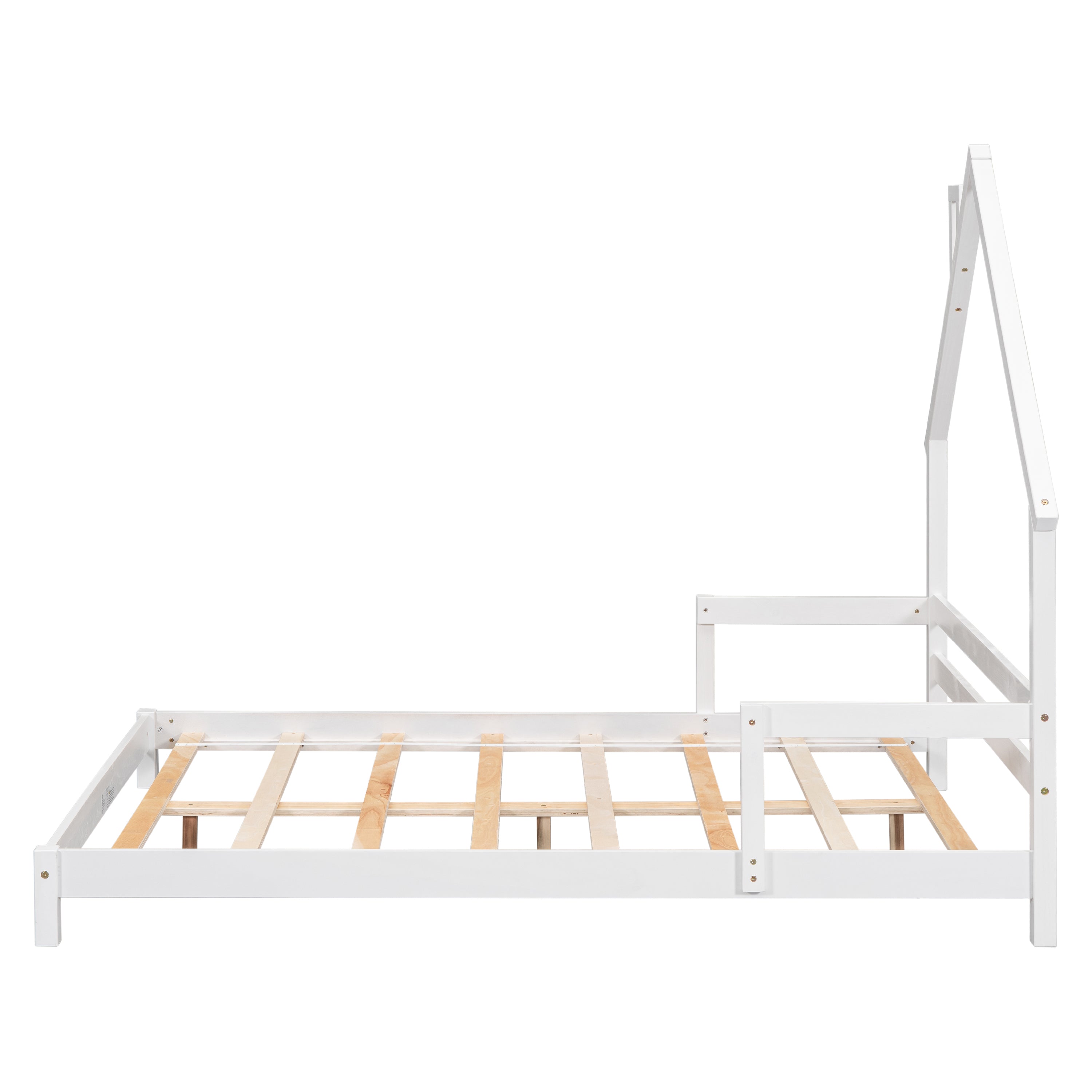 Full House-Shaped Headboard Bed with Handrails ,slats ,White
