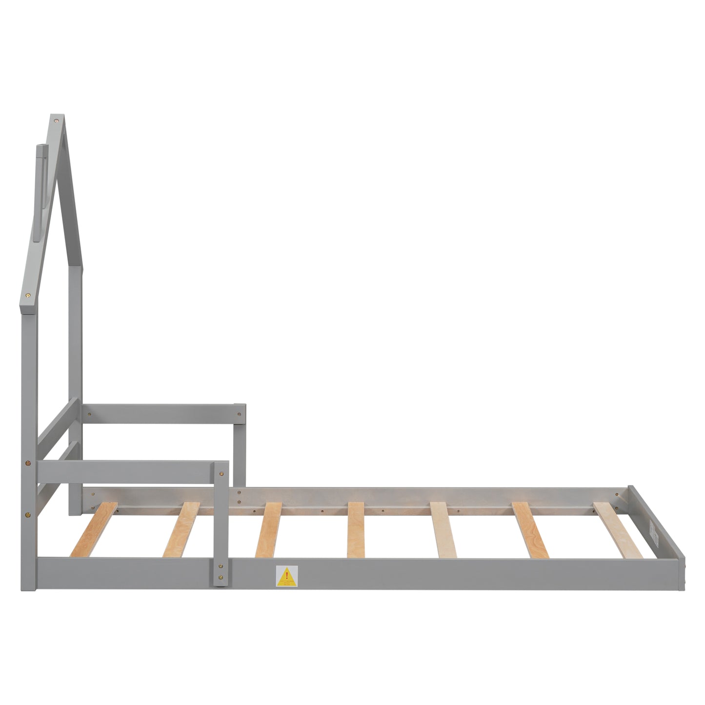 Twin House-Shaped Headboard Floor Bed with Handrails, Slats, Grey