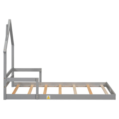 Twin House-Shaped Headboard Floor Bed with Handrails, Slats, Grey
