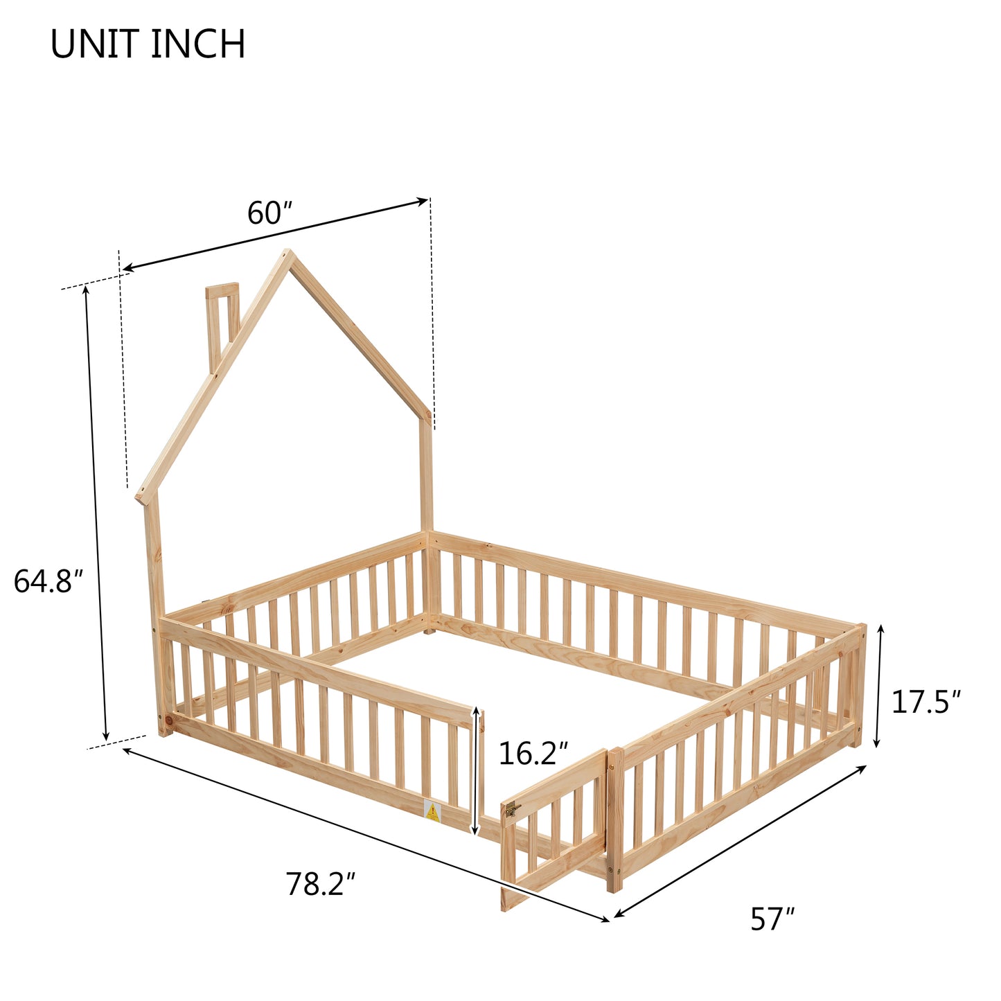 Full House-Shaped Headboard Floor Bed with Fence,Natural