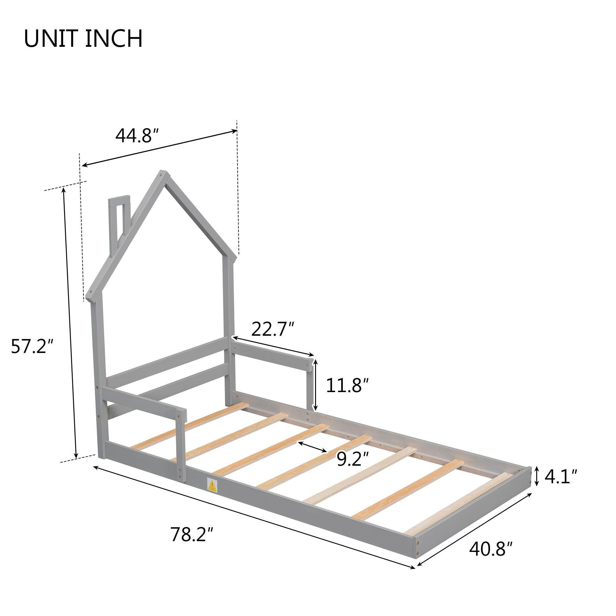 Twin House-Shaped Headboard Floor Bed with Handrails ,slats,Grey